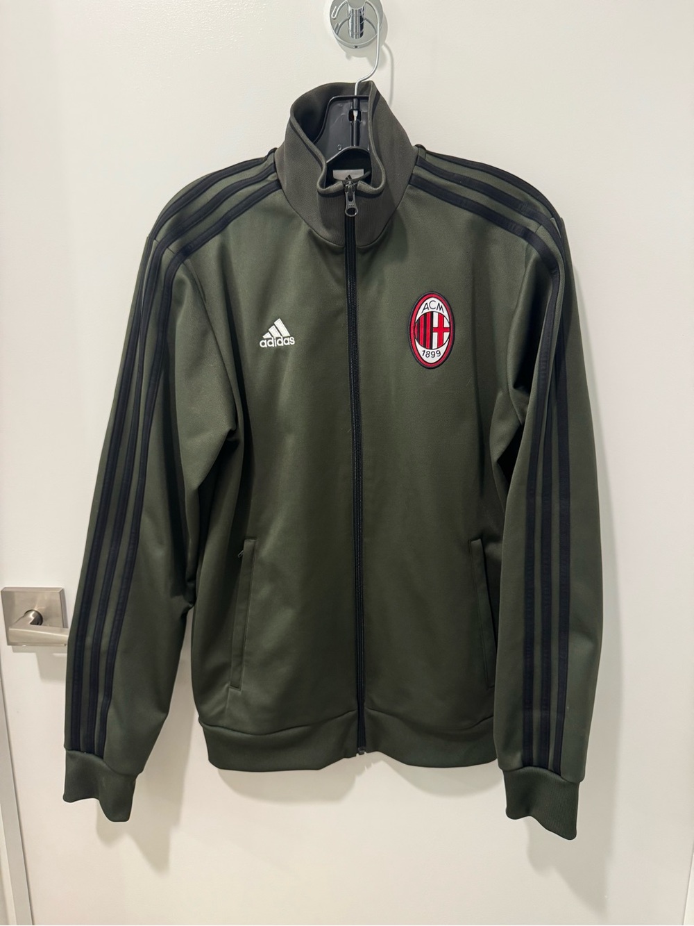 adidas Olive Green AC Milan Track Jacket with Black Stripes